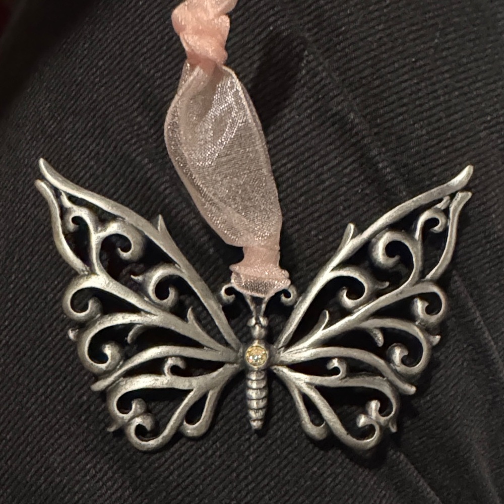 Silver Butterfly ornament with Pink Ribbon